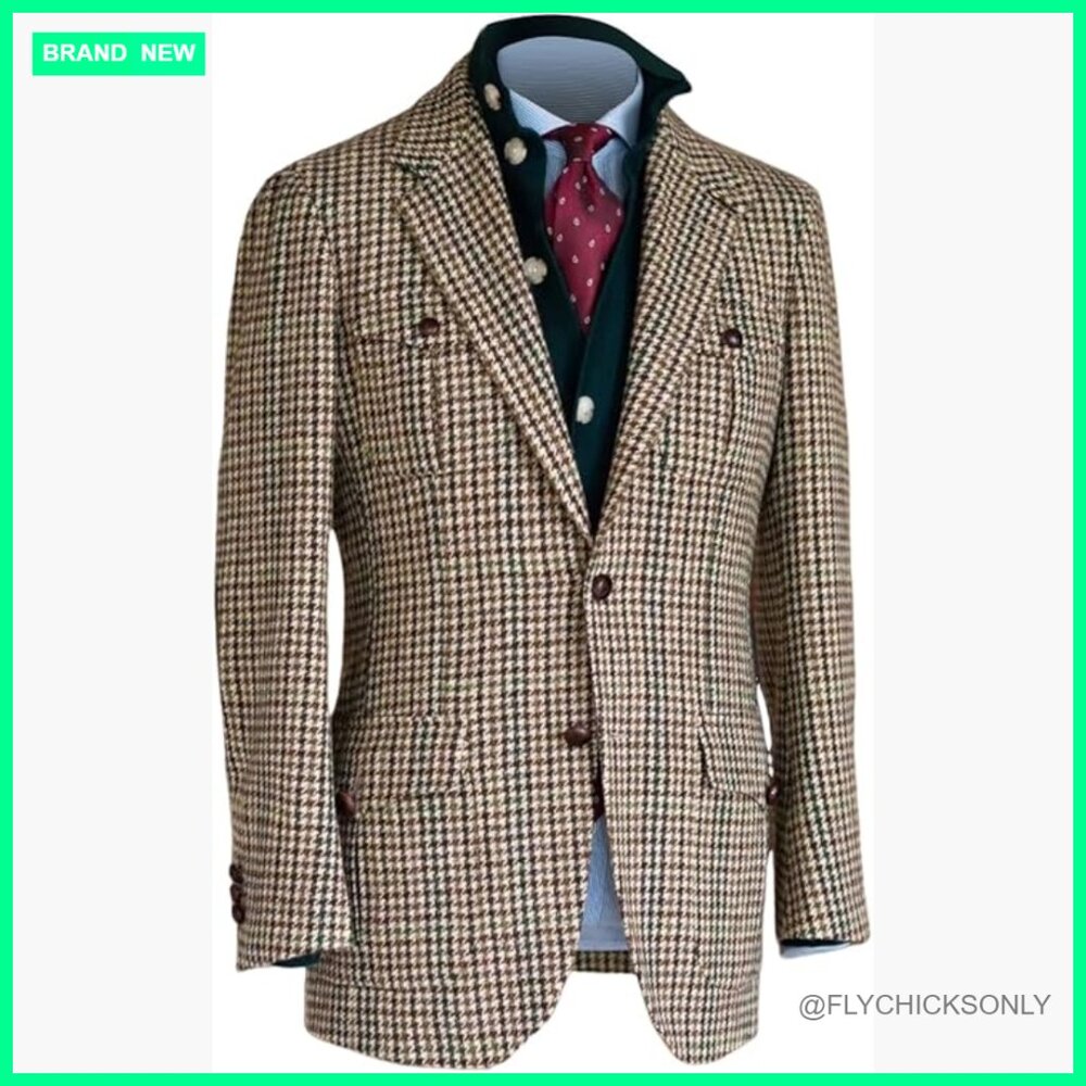 Men's Tweed Blazer Herringbone Sport Jacket Wool Blend Slim Fit